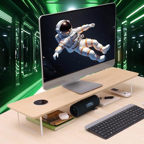 SUIBIAN White Monitor Stand Riser with Wireless Charging 31.5Inch Large, Computer Monitor Stand,Wooden Desktop Organizer Shelf for Office Desk Computer,Laptop,TV (White Oak) - color: White Oak