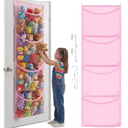 Over The Door Stuffed Animal Storage, Cotton Toy Organizer for Storage Plush Toys,Baby Supplies, Stuffed Animal Holder with 4 Large Pockets, Hanging Door Organizer for Nursery, Bedroom (Pink) - color: Pink, size: Normal