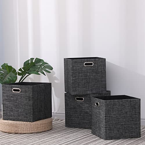 Cube Storage Bins 13×13 Inch Linen Foldable Box with Handles, Collapsible Organization Basket Set of 4 Large Capacity Drawer for Closet Shelf Cabinet Bookcase Bedroom, Black - color: Black