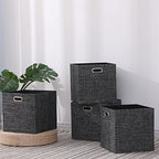 Cube Storage Bins 13×13 Inch Linen Foldable Box with Handles, Collapsible Organization Basket Set of 4 Large Capacity Drawer for Closet Shelf Cabinet Bookcase Bedroom, Black - color: Black