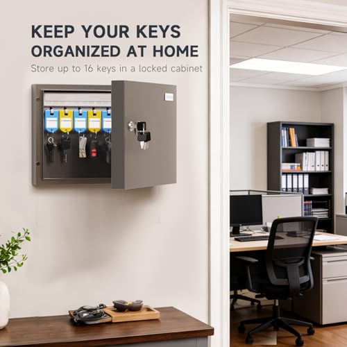 16 Key Lock Box – Wall Mounted Key Cabinet with Magnetic Door & Key Tags, Steel Lockable Key Organizer for Home, Garage & Small Office - size: 16 Key (Basic)