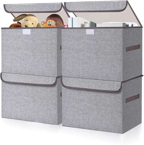 Bagnizer Large 22 Quart Linen Fabric Foldable Storage Bin Cube Organizer Basket with Flip-Top Lid & Handles, Clothes Blanket Box for Home, Office, Closet, Gray, 4 Pack 14.6 x 9.5 x 9.5” - color: Gray, size: Medium - 4 Pack