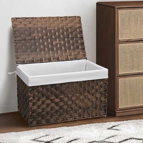 Wicker Storage Basket with Lid, 52.8 Gallon (200L) Large Blanket Basket with Lid, Woven Storage Bin with Handles, Removable Liner, Metal Frame, Foldable, for Bedroom, Laundry Room, Brown - color: Brown, size: 200L:19.7 x 31.5 x 19.7 Inches