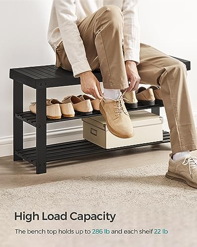 SONGMICS Shoe Rack Bench, 3-Tier Bamboo Shoe Storage Organizer, Entryway Bench, Holds Up to 286 lb, 11.3 x 35.4 x 17.8 Inches, for Entryway Bathroom Bedroom, Ink Black ULBS90B33 - color: Ink Black, size: 35.4"W