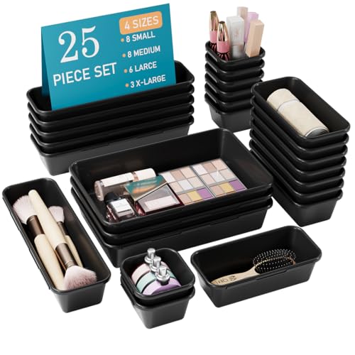Kutesna 25 PCS Black Drawer Organizer Set, 4 Size Interlocking Plastic Storage Bins for Office Supplies, Jewelry Makeup Vanity, Bathroom Kitchen, Home Organization Closet, Gadgets Small Items - color: Black
