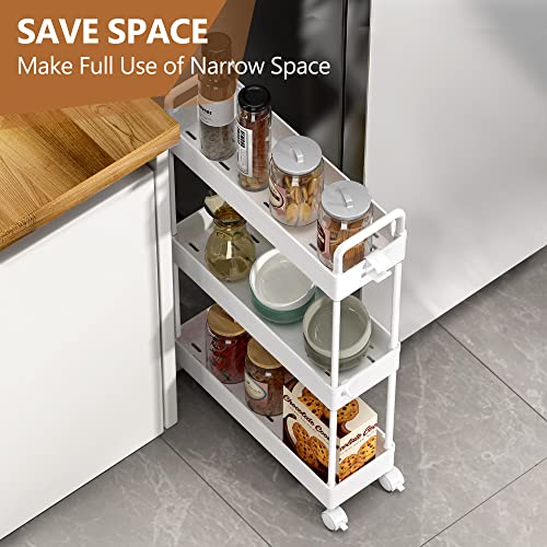 SOLEJAZZ Slim Rolling Storage Cart with Wheels 3 Tier Skinny Bathroom Storage Organizer Thin Laundry Room Utility Cart Space-Saving for Bedside Kitchen Office Small Narrow Places, White - color: White, size: 3-Tier, 4.76"D