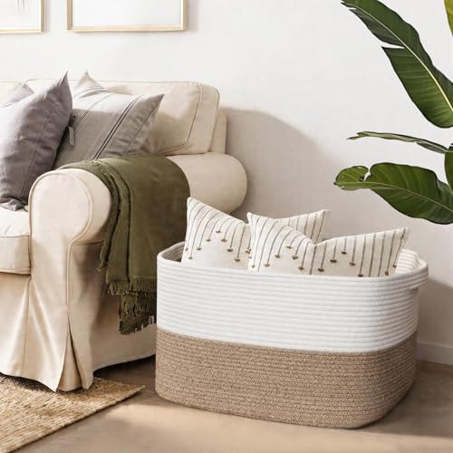 MEGASKET Extra Large Blanket Basket, 22" x 17" x 12" Rectangle Blanket Storage for Living Room, Soft Kids Dog Toy Basket Bin, Cotton Rope Baskets for Storage, Woven Throw Pillow Organizer Holder - color: White & Brown, size: 22"x17"x12"