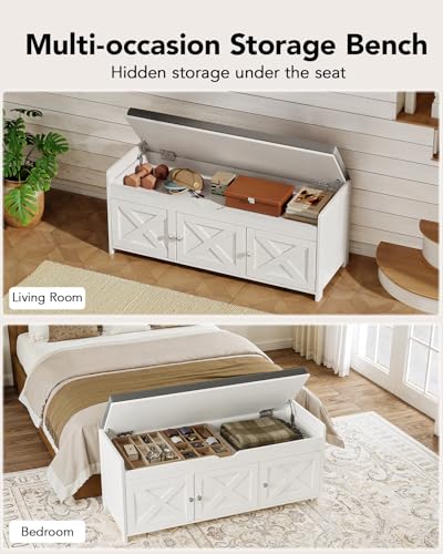 Pipishell 2-Tier Shoe Storage Bench, Entryway Bench with 3 Barn Doors, Cushion Seat, Hidden Storage, Adjustable Shelf, 200 lbs Capacity, for Entryway, Living Room, Bedroom, White (39.4″Wx15″Dx18.1″H) - color: White