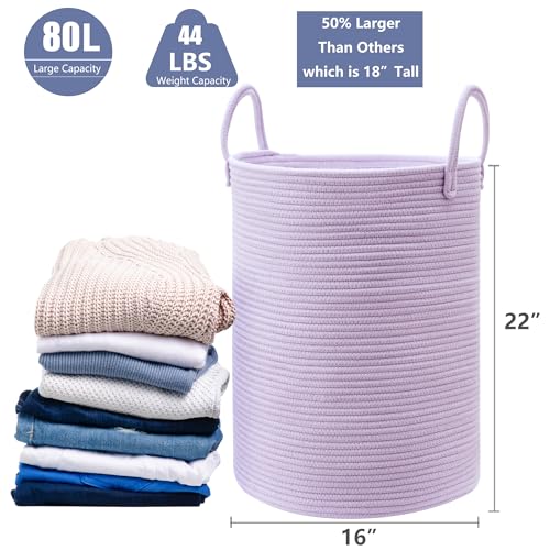 80L Extra Large Purple Hamper Laundry Basket for Nursery Kids 16Dx22H inches Tall Lavender Blanket Basket for Girls Cotton Rope Lilac Clothes Hamper in Bedroom - color: Purple, size: Extra Large (80L)
