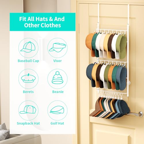 HapiRm Over Door Hat Rack - 3 Tier Wall Mounted Hat Organizer with 16 Hooks and 10 Movable Clips, Baseball Cap Organizer Storage Holds up to 26 Caps for Door, Bedroom, Closet USPTO Patent Pending - color: White, size: 3 Tier