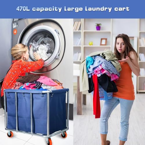 Commercial Laundry Cart with Wheels, 470L Large Capacity Heavy Duty Stainless Laundry Basket,Laundry Sorter for Clothes Storage,400 lbs Load (Blue) - color: Blue
