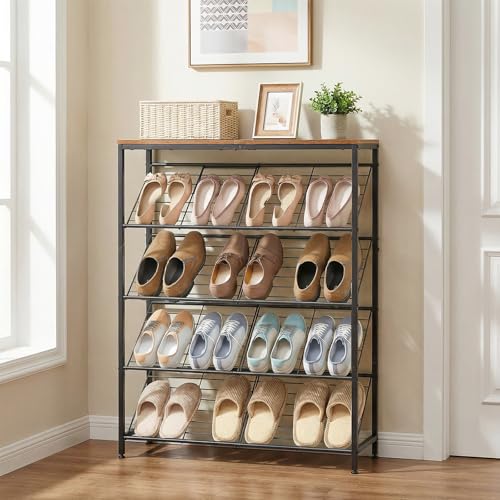 HOOBRO Shoe Rack, 5-Tier Narrow Slanted Shoe Storage Shelf, Slim Shoe Organizer for Front Door Entrance, Garage, Entryway, Holds up to 12-16 Pairs of Shoes, Rustic Brown and Black BF20XJ01