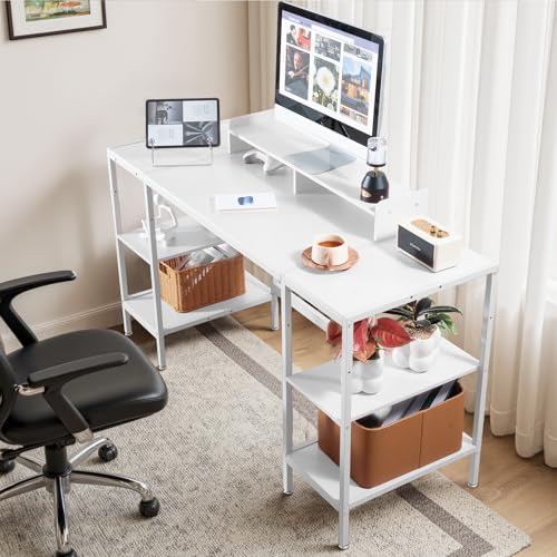 MINOSYS Computer Desk 55-inch with Storage Shelf - White Ideal Gaming Desk for Bedrooms, Small Spaces, and Home Offices Modern Writing Desk for PCs. - color: Tx-white, size: 55 inch