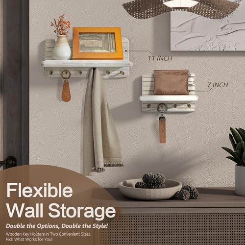 Rebee Vision Pine Wood Key Holder Wall Mount – Mini 7-inch Key Holder for Wall with Wooden Shelf – Perfect Home Decor for Entryway, Living Room & Bedroom (Distressed White) - color: Whitewash, size: Small-7inch