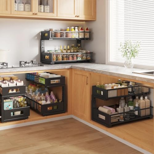 2 Packs 21IN Depth Under Sink Organizer, 2-Tier Pull Out Cabinet Organizer With Smooth Circular Rail, Large Capacity Metal Mesh Sliding Drawers For Bathroom& Kitchen Storage,Height Adjustable-Black - color: Black, size: 2 Pack-21"Dx11.6"-16.7" H