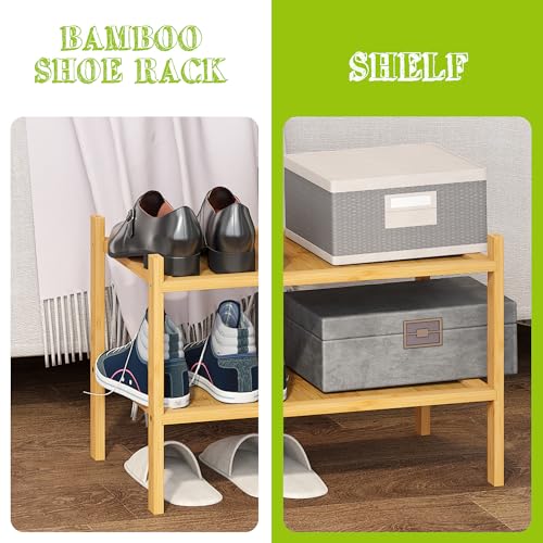 BMOSU 2-Tier Bamboo Small Shoe Rack Premium Stackable Shoe Shelf Storage Organizer for Hallway Closet Living Room Entryway Organizer(Natural) - color: Natural, size: Small-2-Tier（17*11*12.6inches）