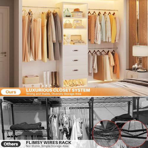 Homieasy 96 Inches Closet Organizer System, 8FT Customizable Walk In Closet Organizer with Hanging Rods, 3 Drawers Garment Rack with Leather Handle , 96" L x 16" W x 75" H, Max Load 1000 LBS, White - color: White