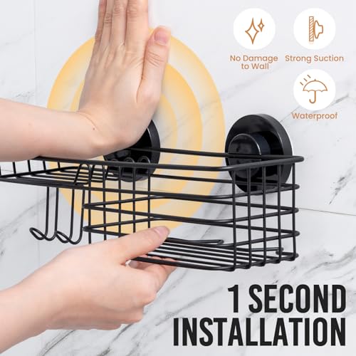 LEVERLOC Shower Caddy Suction Cup, 2 Pack Shower Shelves for Inside Shower with Hooks & Soap Holder, NO-Drilling Bathroom Shower Organizer, Rustproof Meatl Shower Holder Storage, Black - color: Black, size: 1 Medium & 1 Large
