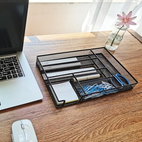 Metal Mesh Desk Drawer Organizer Tray, 6-Compartment Office Drawer Organizer for Pens Supplies, 12.6"x8.27"x1.57" Black - color: 1pc packed black