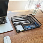 Metal Mesh Desk Drawer Organizer Tray, 6-Compartment Office Drawer Organizer for Pens Supplies, 12.6"x8.27"x1.57" Black - color: 1pc packed black