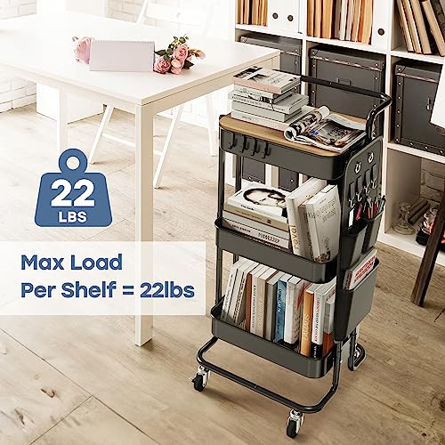 DTK 3 Tier Metal Utility Rolling Cart with Table Top and Side Bags, Tray Storage Organizer Wheels, Art Craft 4 Hooks for Kitchen Bathroom Office Living Room (Black) - color: Black, size: Large