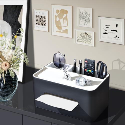 PU Leather Tissue Box Cover Rectangular with Storage Organizer Tray, Multifunctional Remote Control Holder, Desk Organizer for Living Room, Bedroom, Office, Decorative Tissue Holder Black - color: Black