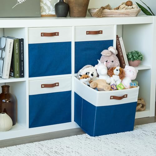 OrganiHaus 13" x 13" x 13" Cube Fabric Storage Bins Set of 4, Fabric Storage Cubes w/ Vegan Handles, 13 inch Collapsible Bins for Clothes & Toy Organizer, 13x13 Basket for Decor - Navy Blue - color: Navy Blue Base / Off-White, size: (13x13) Leather Handle