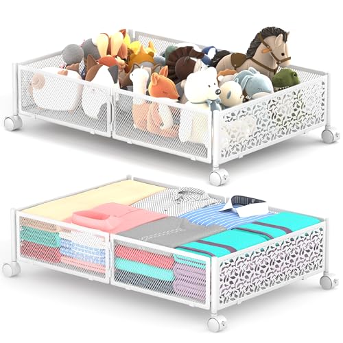 Under Bed Storage with Wheels, 2 Pack Foldable Metal Under Bed Storage Containers, 60L Rolling Underbed Storage, Easy Assembly Under The Bed Storage for Bedroom Clothes Shoes Blankets - color: White, size: 2 Pack