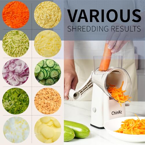 Upgrade Rotary Cheese Grater Shredder with Handle, Strong Suction Base, Multi-purpose Rotary Grater Slicer with 5 Interchangeable Blades for Ice, Vegetables, Fruit, Nuts with Blade Storage Box - color: Milky White