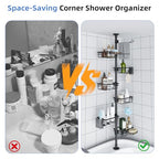 GearFusion Shower Caddy Organizer Tension Pole, Rustproof 4 Tier Corner Shower Rack with 25–114 Inch Adjustable Height for Bathroom Storage, Extra Towel Rack, Soap Dish and Toothbrush Holder, Black
