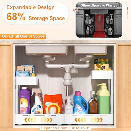 YJHome 2 Pack Expandable Under Sink Organizer, 2 Tier Pull Out Cabinet Organizer with Smooth Ball Bearing Slides, Adjustable Height Cabinet Storage Shelves for Kitchen, Bathroom, Laundry, Pantry - size: 2 Pack 9.8“-15"W
