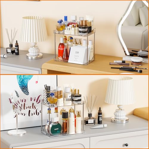 Yieach Clear Acrylic Bathroom Counter Organizers and Storage Tray, 2 Tier Makeup,Perfume,Skincare Organizer Shelf & Vanity Storage for Bedroom and Counter Top Spice Racks for Kitchen Corner,Rectangle - size: 2 Tier-Rectangular