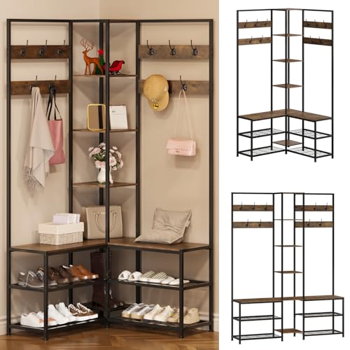GiftGo Corner Hall Tree with Shoe Rack Storage Bench Display Open Shelves Modern Industrial Entryway Coat Rack Stand for Home Living Room Mudroom Bedroom Multifunctional 5 in 1 (Rustic Brown) - color: Rustic Brown