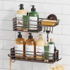 TAILI Shower Caddy Suction Cup 2 Pack with Hooks & Soap Holder, No Drilling Bathroom Organizer with Large Capacity, Heavy Duty Shower Organizer for Bathroom,Metal Storage Basket-Brown - style: 2 × Brown