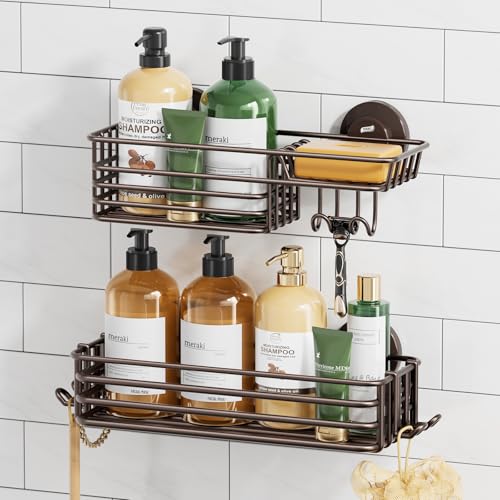 TAILI Shower Caddy Suction Cup 2 Pack with Hooks & Soap Holder, No Drilling Bathroom Organizer with Large Capacity, Heavy Duty Shower Organizer for Bathroom,Metal Storage Basket-Brown - style: 2 × Brown