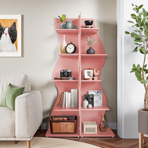 LITTLE TREE Small Corner Shelf, Modern 5-Tier Wall Corner Bookshelf, Stylish Bookcase Storage Rack for Small Space, Living Room, Bedroom, Pink, 1 Pack - color: Pink, size: 1 Pack