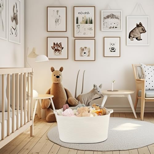 XUANGUO Large Rectangle Blankets Basket Living Room 22"x17"x12" Woven Cotton Rope Storage Baskets for Nursery Toy Baskets for Kids and Dogs Wicker Laundry Basket Bin for Clothes Towels white - color: white