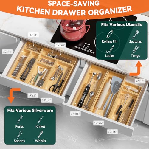 Lixple Bamboo Kitchen Drawer Organizer, Stackable Utensil Holder Silverware Organizer Cutlery Tray - 2PCS Organizer Bins for Makeup Jewelries Flatware in Bathroom, Office Desk, Cabinets, 15x6x2 inch - color: Yellow, size: 15 x 6 x 2 Inch