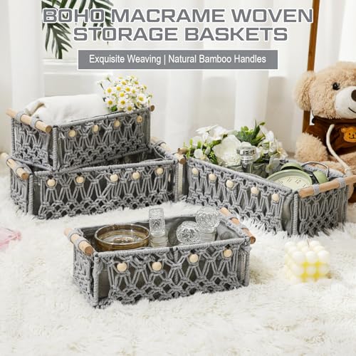 Vesici 4 Pcs Grey Macrame Storage Basket for Shelves 13 in 11 in Boho Storage Basket Hand Woven Boxes with Wood Handles Beads Decorative Countertop Toilet Tank Cabinet Organizer for Home Room Decor - color: Grey