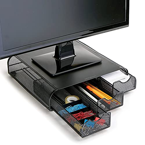 Mind Reader Monitor Stand, Ventilated Laptop Riser, Desktop Organizer, Storage, Metal Mesh, 13.25"L x 12.5"W x 3"H, Black
