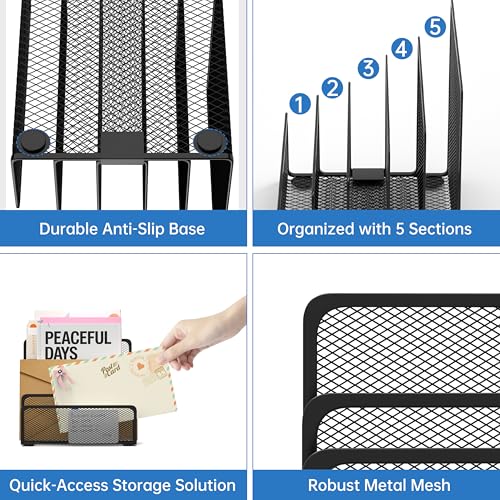 Mail Organizer with 5 Slot, Metal Mail Holder for Desk, Office File Holder Letter Organizer for Mails (Black) - color: Black