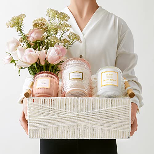 LA JOLIE MUSE Wicker Storage Baskets for Organizing, Recyclable Paper Rope Basket with Wood Handles, Decorative Hand Woven Basket Organizers for Makeup Books Shelves Living Room, White, Set of 2 - color: White