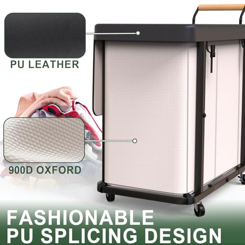 230L (60 Gal) Extra Large Fashion Laundry Sorter 3 Section with Lid, Rolling Laundry Basket Hamper with Handle, Laundry Organizer Storage Cart with Sturdy Metal Frame for Laundry Room, Hotel, White - color: White-3 Section, size: 230L