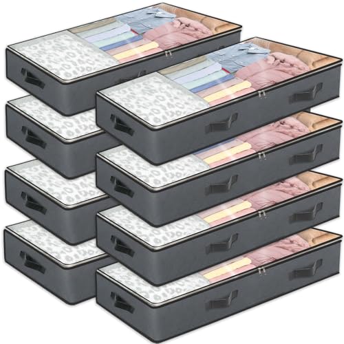 BiCINE 8 Pack Under Bed Storage Containers, 90L Collapsible Closet Organizers and Storage Bins, Underbed Storage Bags for Wrapping Paper, Blanket, Towels, Clothes, Comforter, Sweaters, Linen Sheet - color: Grey-8Pack