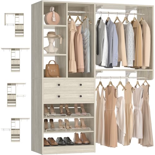 Besiost Closet System - 60"/92" Closet System with Drawers, 5FT/7.67FT Closet Organizer System with Reversible Hanging Shelving and Hanging Rods, for Small/Walk-in Closets, Greige Oak - color: Greige Oak, size: 5FT