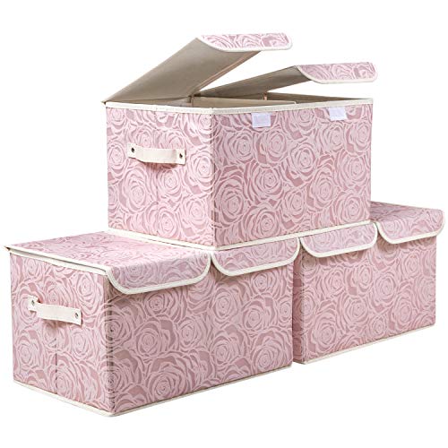 PRANDOM Large Stackable Storage Bins with Lids Fabric Decorative Storage Box Cubes Organizer Containers Baskets with Cover Handles Divider for Bedroom Closet Living Room 17.3x11.8x9.8 Inch 3 Pack - color: Pink, size: Double Lid/3pcs