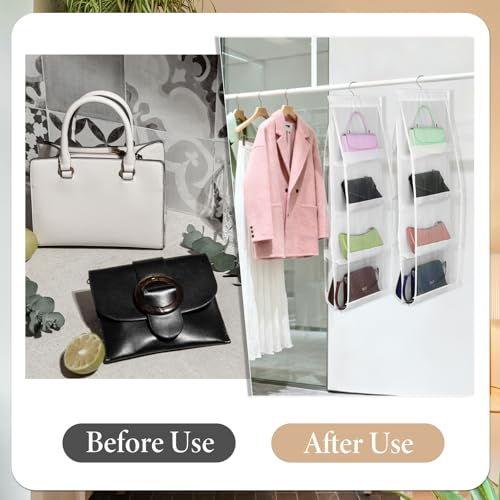 4 Pack Hanging Handbag Purse Organizer for Closet, 8 Pockets Space Saving Purse Storage Organizers Handbag Organizer Holder with Thicken Metal Hooks for Women Wardrobe(White, 41” x 13.8”)