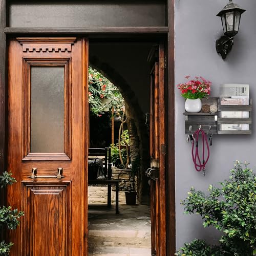 Spiretro Wall-Mounted Key Holder Hooks - Rustic Wood Weathered Grey & Black - Entryway Organizer for Mail, Leashes, and Purses - Floating Shelf, 16.5” W x 9.75" H x 4.5” D - color: Weathered Grey & Black Organizer & Wood Shelf