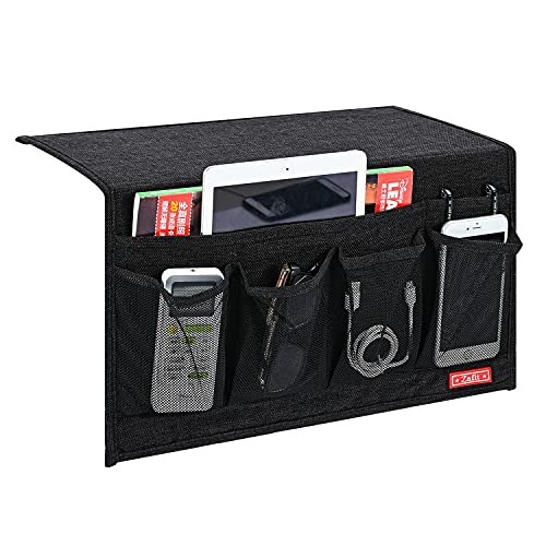 Zafit Linen 6 Pockets Bedside Caddy, Bedside Storage Organizer for Magazine, Remotes, Phone (Black) - color: Black, size: 6 Pockets