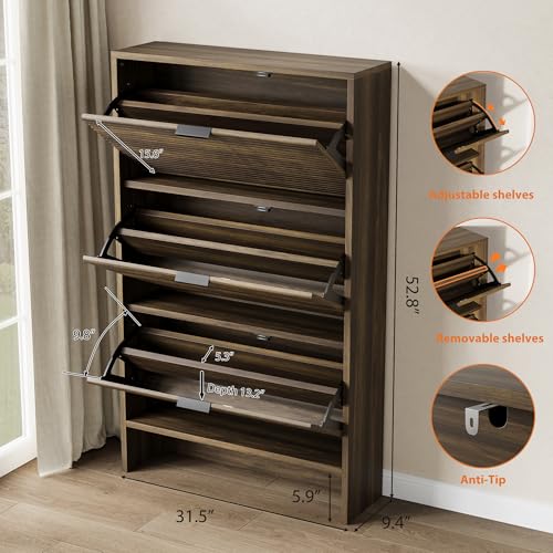 Garvee Shoe Storage Cabinet for Entryway, Fluted Shoe Cabinet with 3 Flip Drawers Doors, 32" Wide Hidden Shoe Rack Tall Freestanding Shoe Organizer for Entrance, Hallway, Living Room, Walnut - color: Walnut, size: 3 Drawers